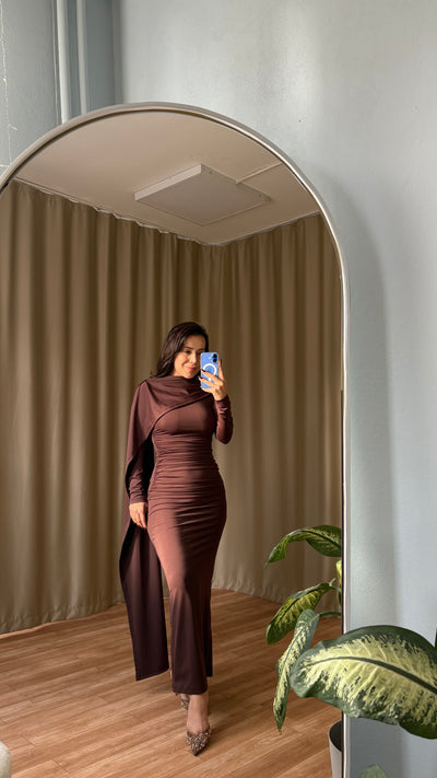 Şal detaylı elbise ( kahve )