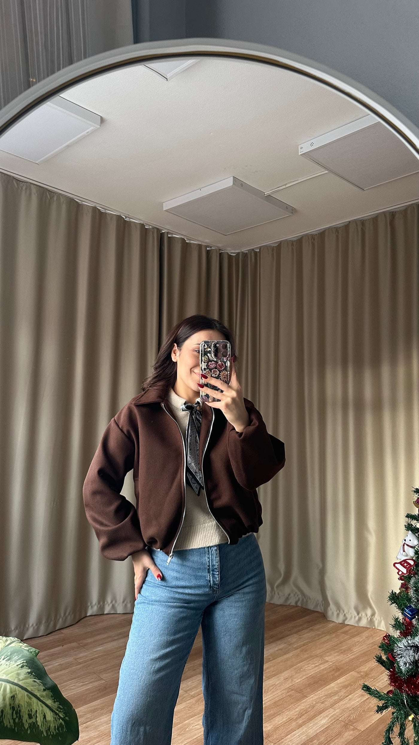 Kahve Balon slüetli kaşe bomber ceket