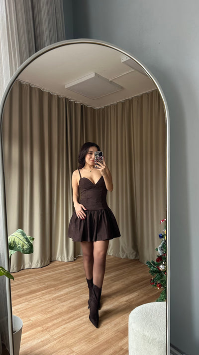 Pileli Süet kahve elbise