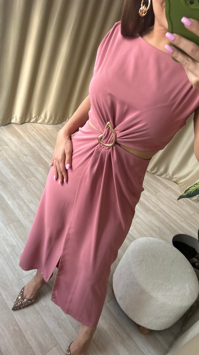 Pembe Gold toka detaylı yırtmaçlı elbise