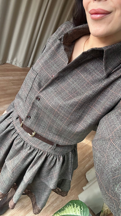 Kahve Dantel detaylı kendinden kemerli ekose takım