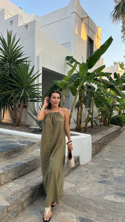 Boyundan bağlamalı tencel Modal kumaş haki elbise