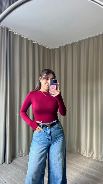 Oys Modal Kumaş Parmak Geçmeli Body bordo