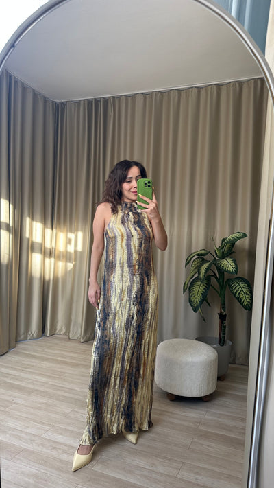 Halter yaka sarı tonlu elbisemiz