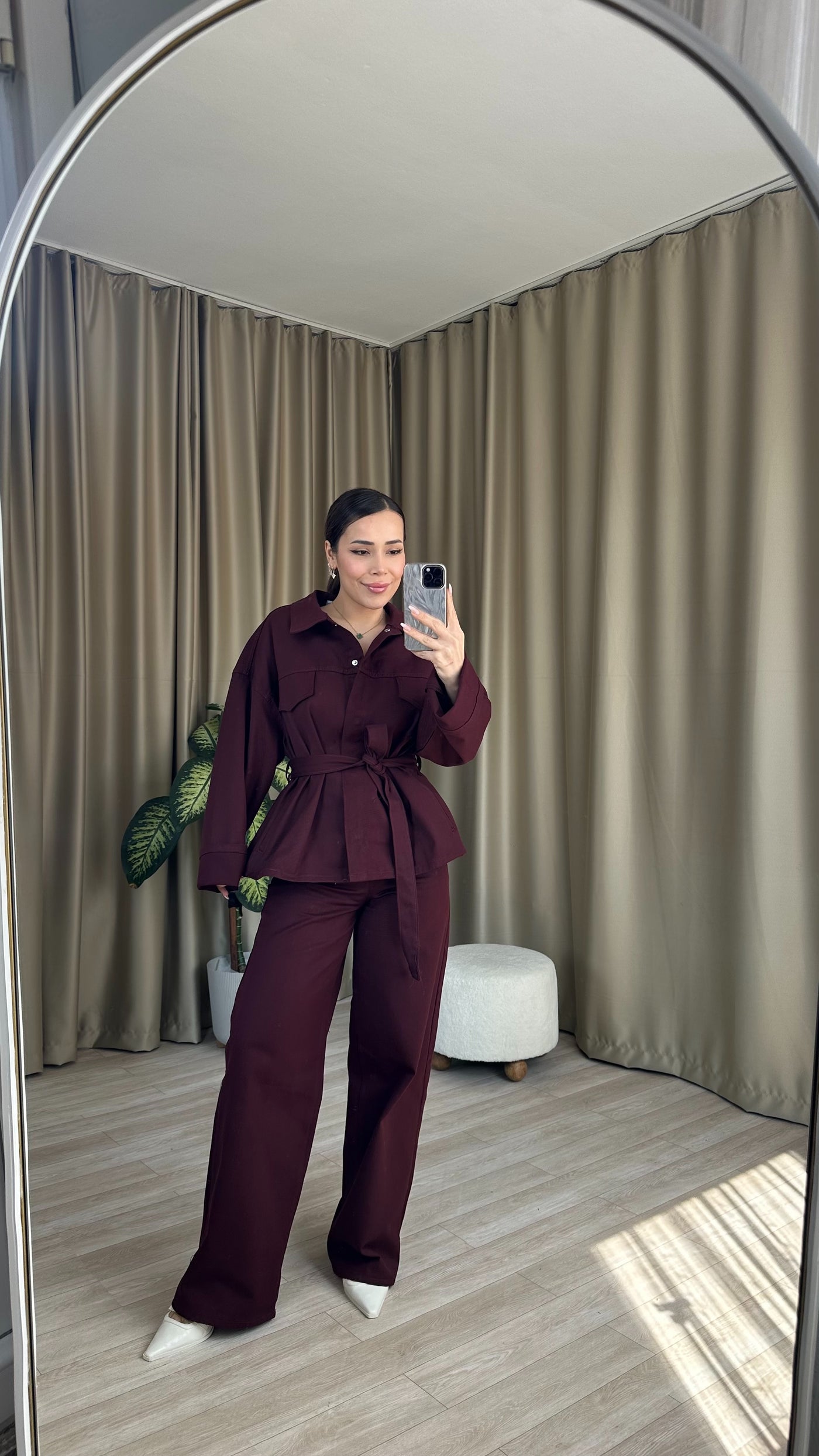 Bordo Kuşaklı Denim Takım
