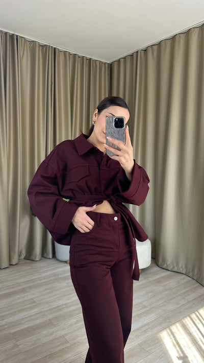 Bordo Kuşaklı Denim Takım