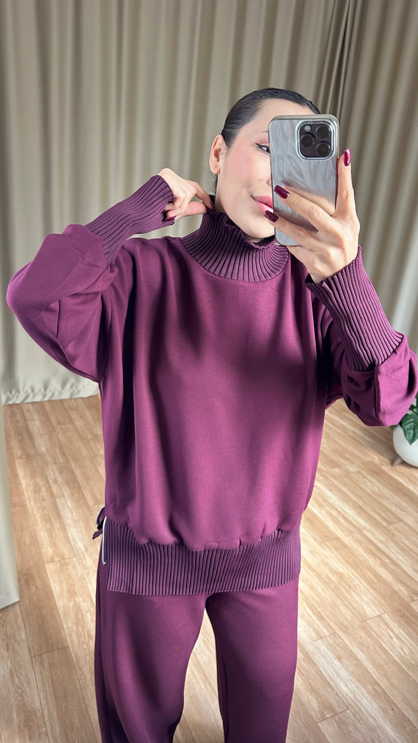 Bordo Balıkçı Yaka Yan Fermuarlı Modal Takım