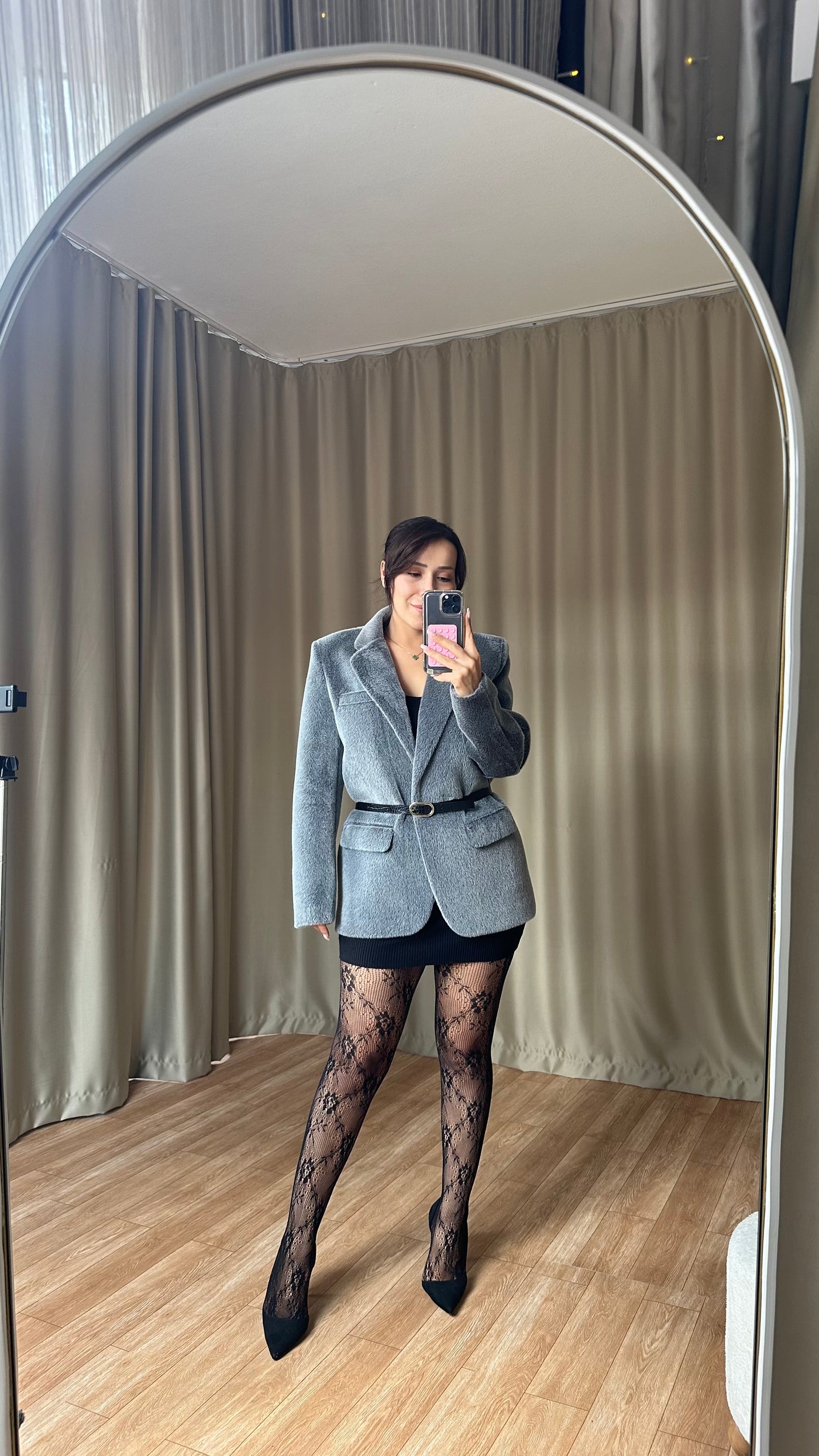 Gri Dokulu Kemerli blazer ceket