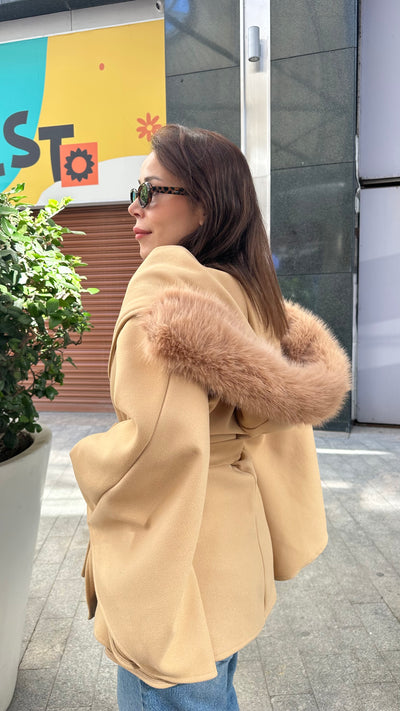 Camel Kürk Kapşonlu Kaşe Panço ( Ön sipariş)