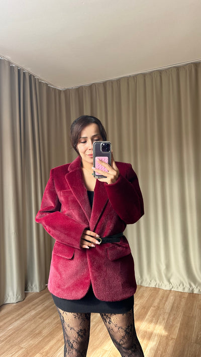 Bordo Dokulu Kemerli blazer ceket