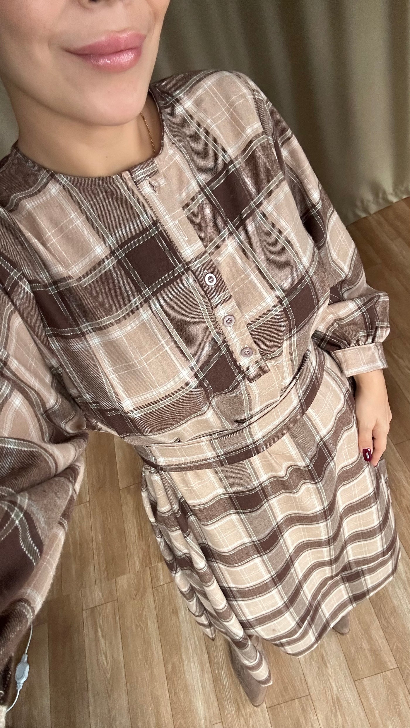 Kahve EKOSE DESENLİ KUŞAKLI MİDİ ELBİSE ( Ön SİPARİŞ )