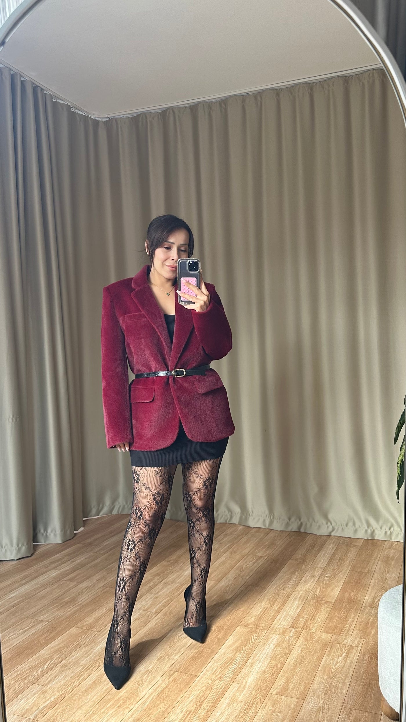 Bordo Dokulu Kemerli blazer ceket