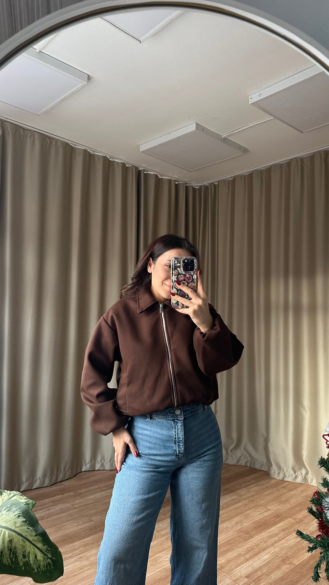 Kahve Balon slüetli kaşe bomber ceket