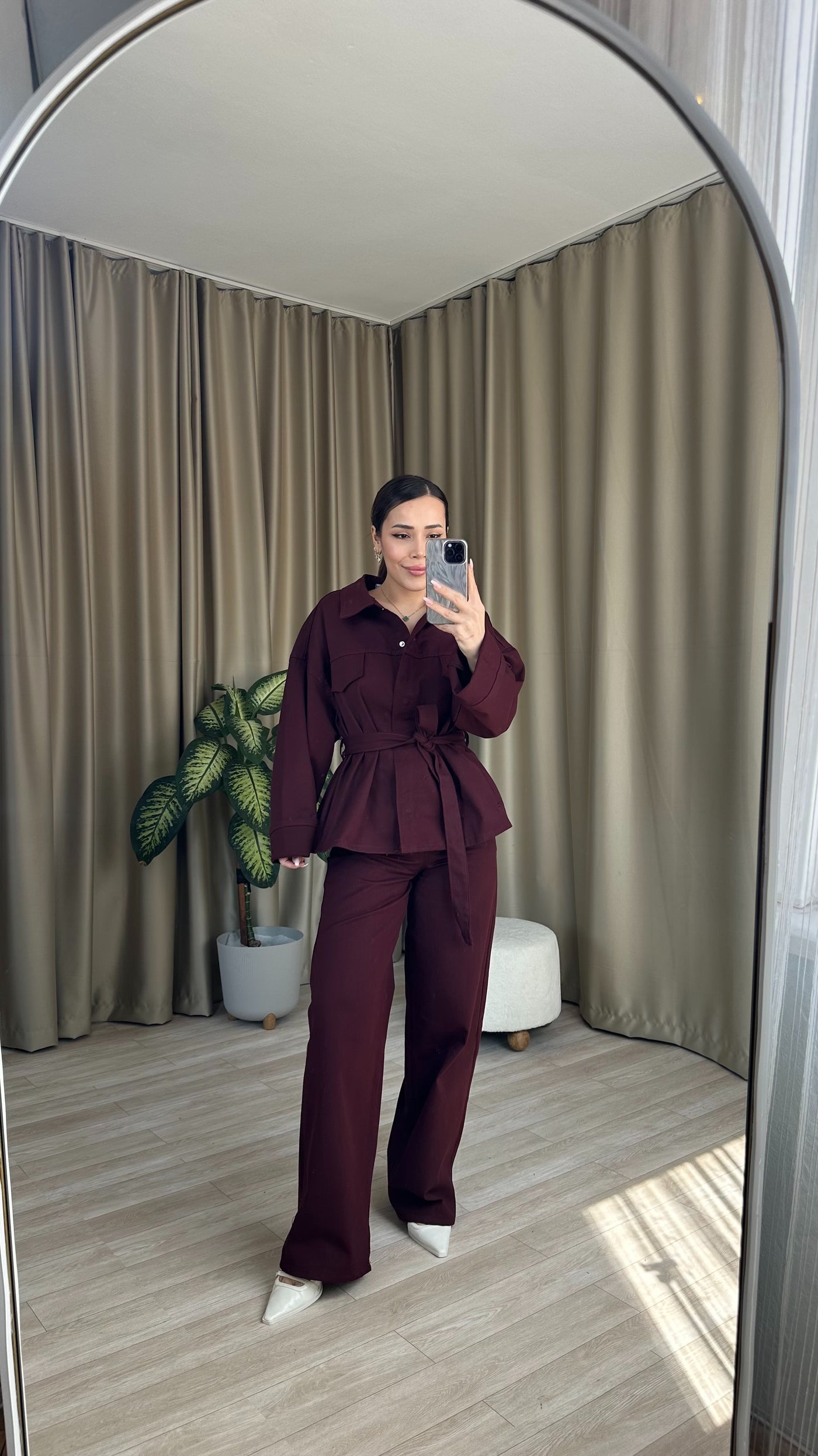Bordo Kuşaklı Denim Takım