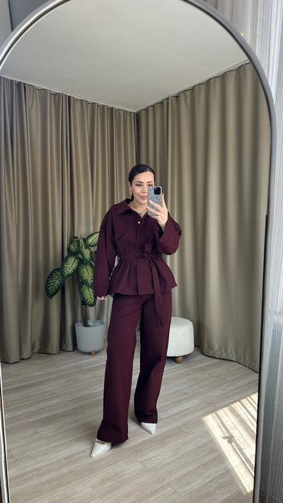 Bordo Kuşaklı Denim Takım
