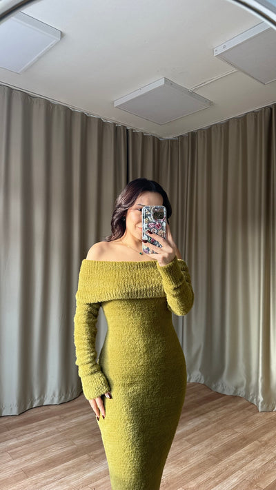 MADONNA YAKA yağ yeşili SAKALLI TRİKO ELBİSE