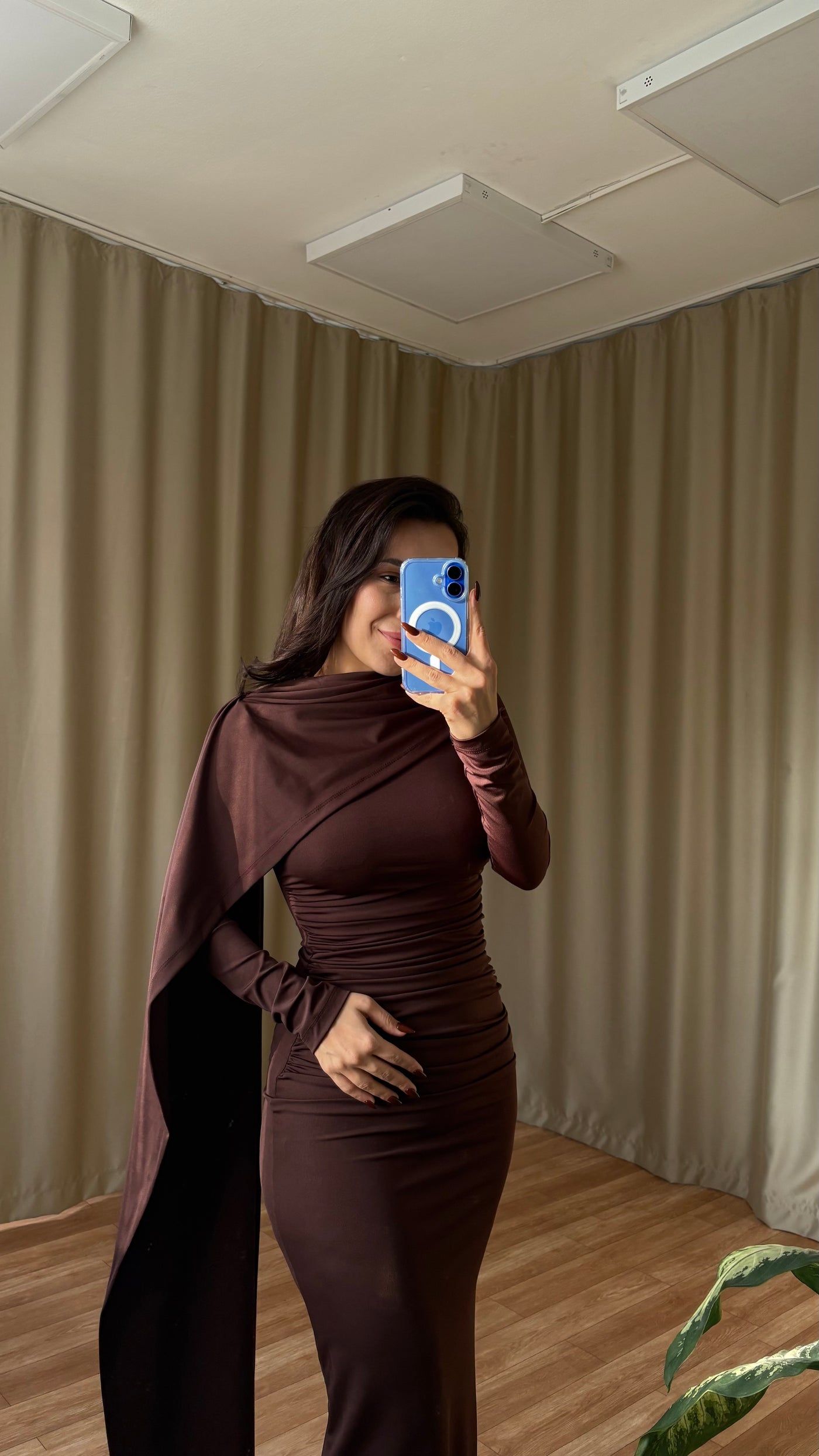 Şal detaylı elbise ( kahve )