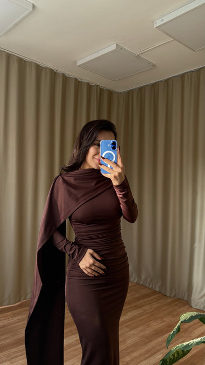 Şal detaylı elbise ( kahve )