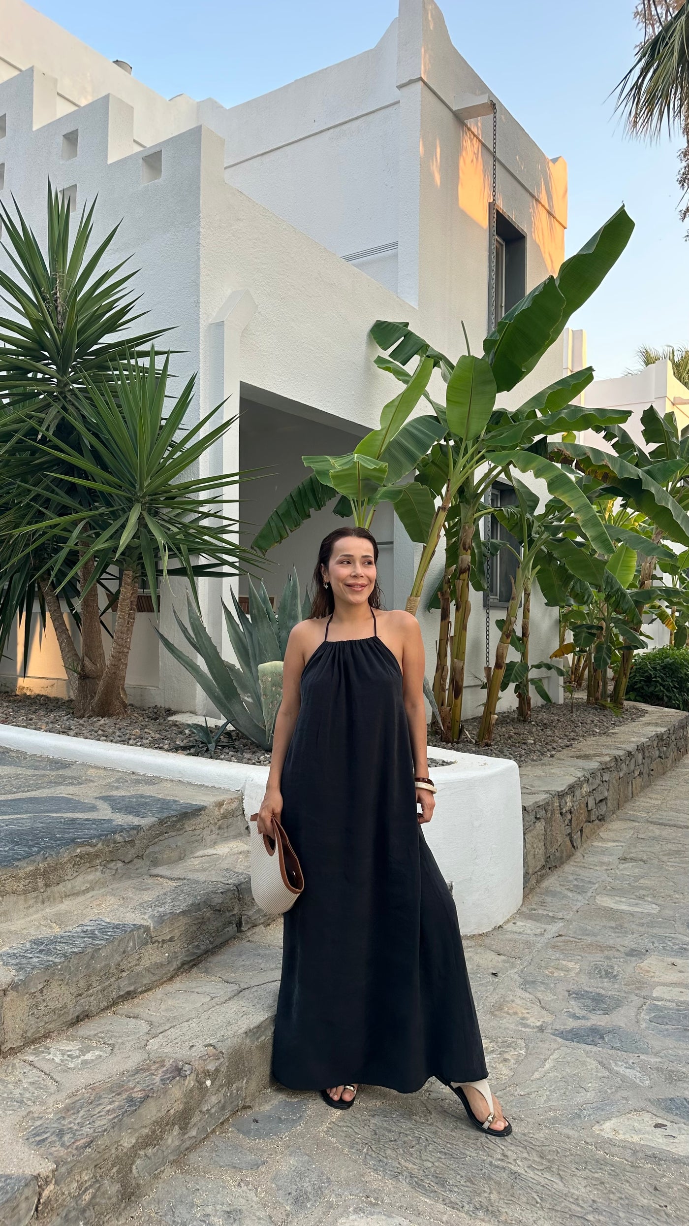 Boyundan bağlamalı tencel Modal kumaş siyah elbise