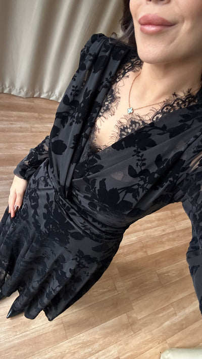 Siyah kadife baskılı dantel detaylı elbise - ön sipariş ‼️