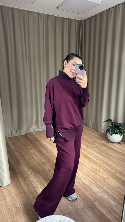 Bordo Balıkçı Yaka Yan Fermuarlı Modal Takım