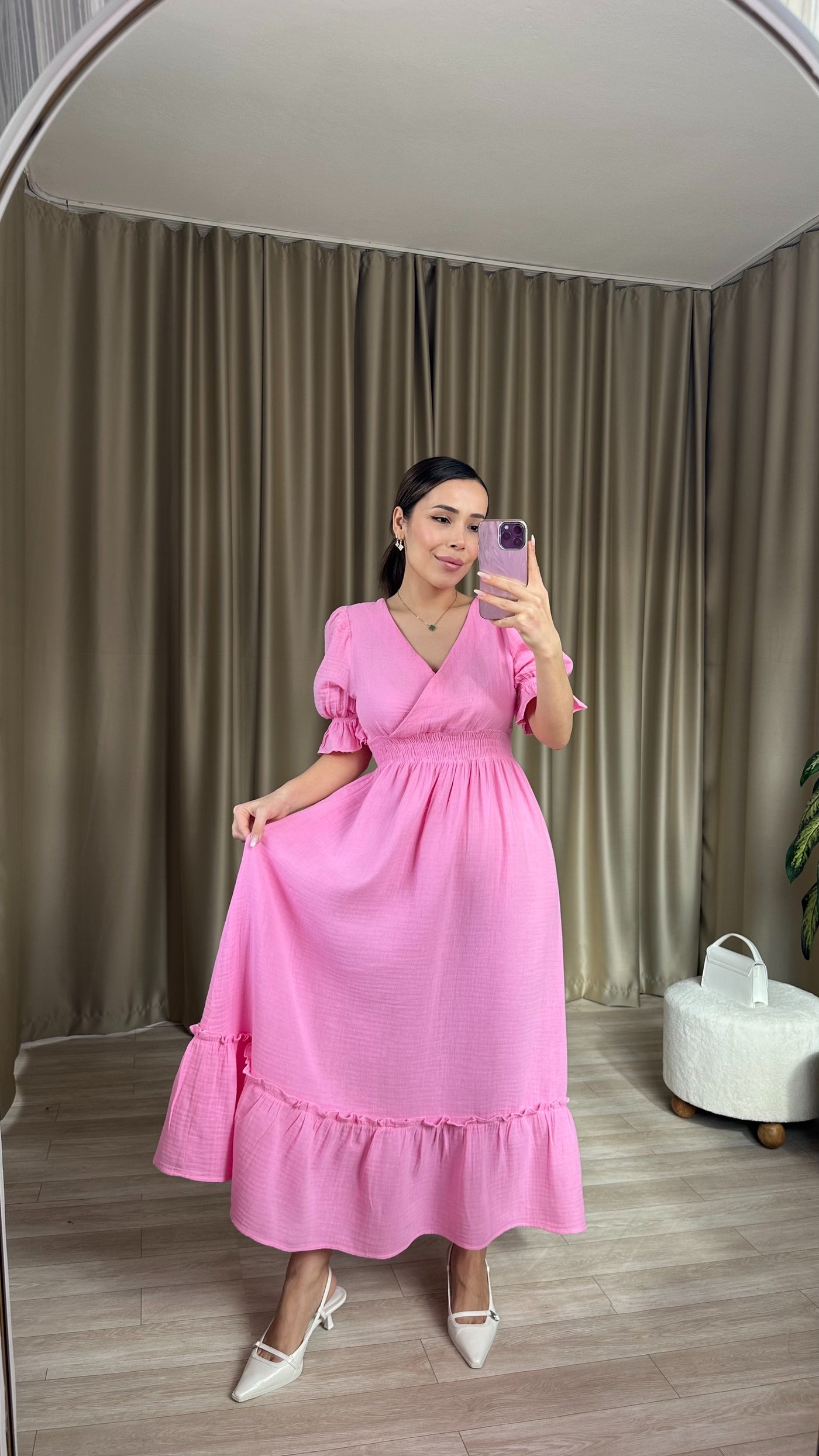 Bebe pembesi Beli lastikli müslin kumaş Elbise