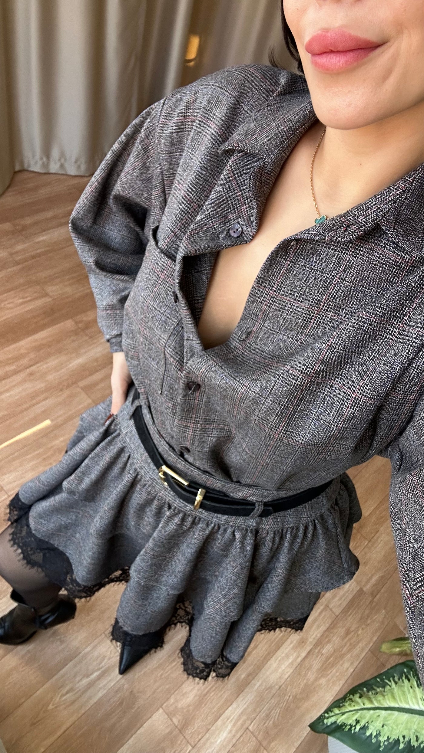 Dantel detaylı ekose takım