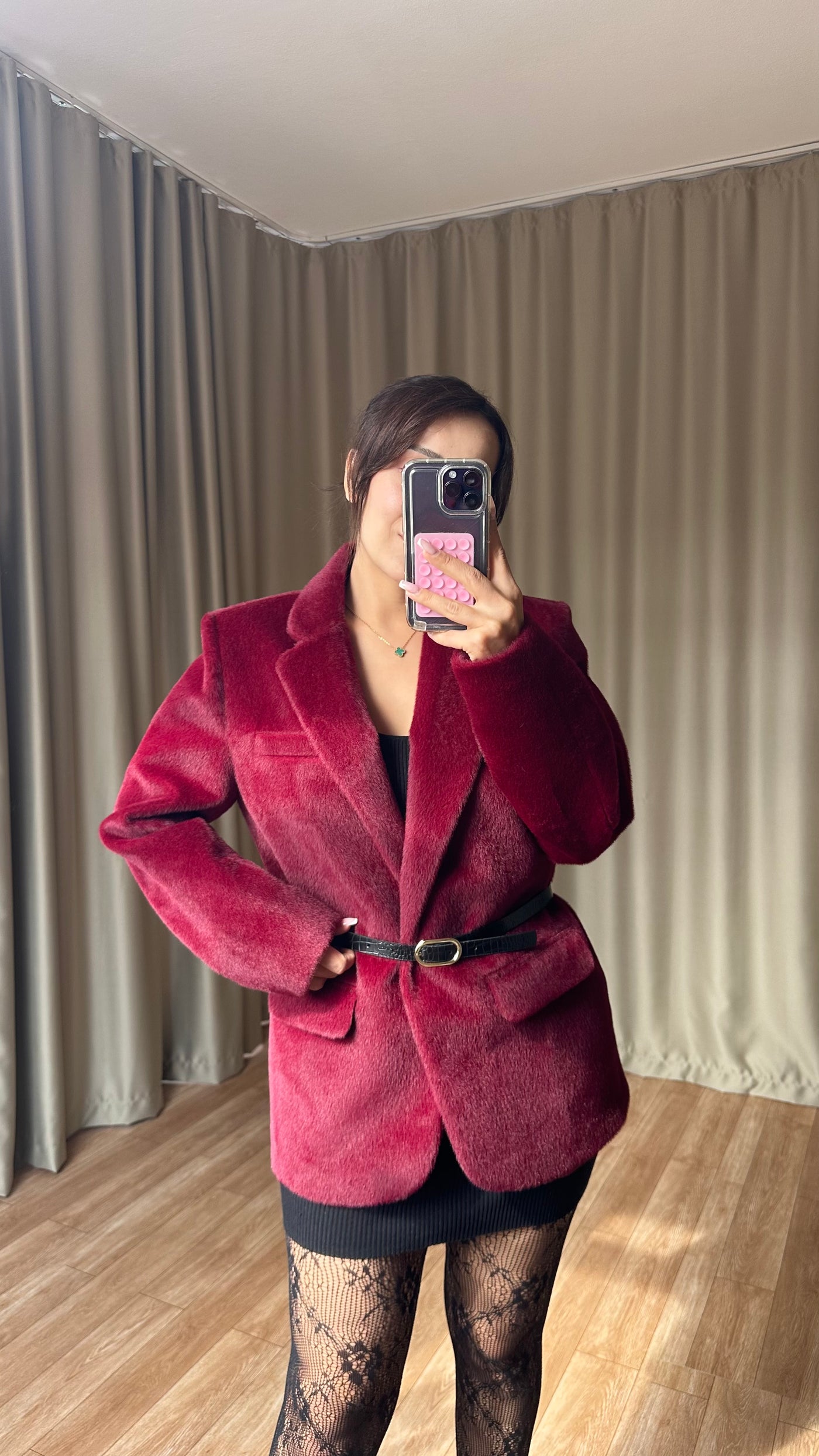 Bordo Dokulu Kemerli blazer ceket